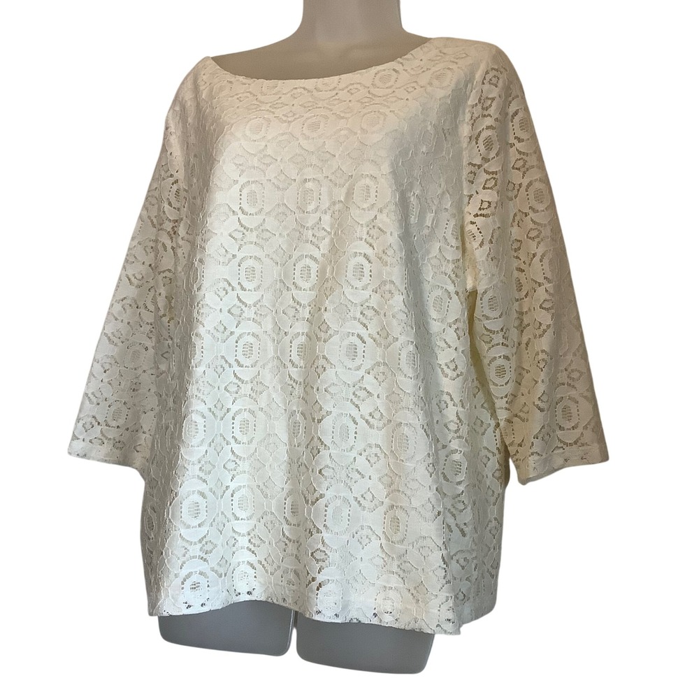 Talbots Woman Petites Ivory Lace Blouse 3/4 Sleeve Boat Neck Top 2XP